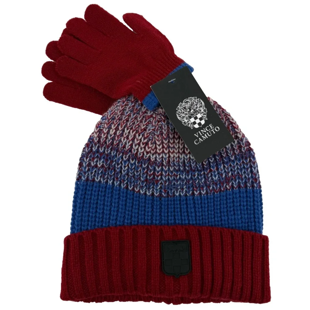Vince Camuto Hat Gloves Set Kids 4-6X Knit Winter Beanie Red Blue NWT